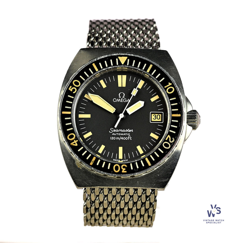 Omega Seamaster 120 Baby Ploprof - Model Reference 166.0250 - On Mesh Seatbelt Bracelet - c.1979 - Vintage Watch Specialist