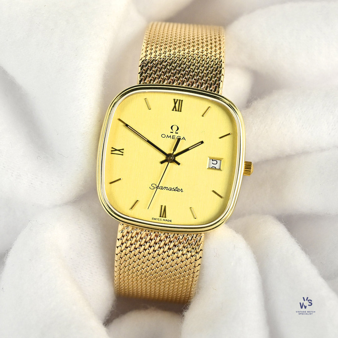 Omega Seamaster 9K Gold - Quartz - Integral Milanese Mesh Bracelet - R Vintage Watch Specialist Omega Seamaster 9K Gold - Quartz - Integral Milanese Mesh Bracelet - R Vintage Watch Specialist
