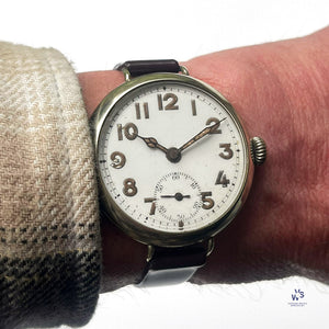 Oversized Military Trench Watch - White Metal Case - Superb Condition - Vintage Watch Specialist