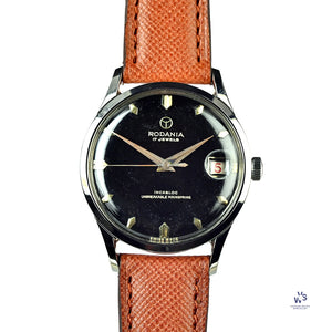 Rodania - 5500H Date - Black Gilt Dial - Calibre ETA 1093 - Incabloc - c.1950s - Vintage Watch Specialist