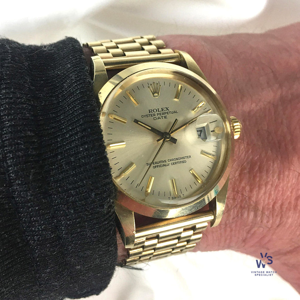Rolex Oyster Perpetual Date - A 14k Gold Reference 15007 - Silver Sunburst Dial - c.1983 - Vintage Watch Specialist