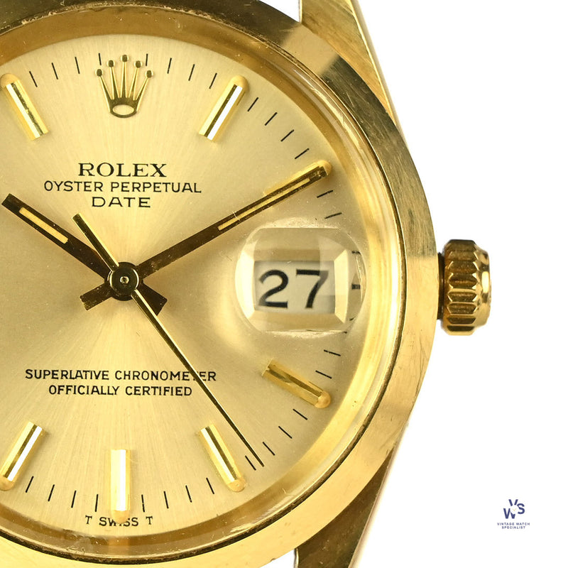 Rolex Oyster Perpetual Date - A 14k Gold Reference 15007 Silver Sunburst Dial c.1983 Vintage Watch Specialist