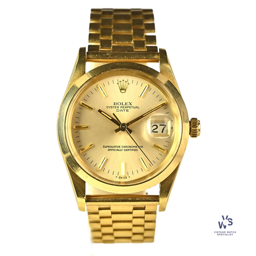 Rolex Oyster Perpetual Date - A 14k Gold Reference 15007 - Silver Sunburst Dial - c.1983 - Vintage Watch Specialist