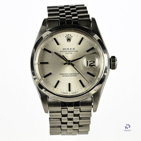 Rolex Oyster Perpetual Date Model Ref 1500 Silver Dial C. 1974 Vintage Watch Specialist
