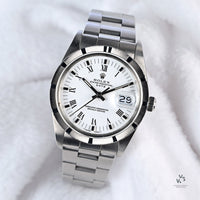Rolex Oyster Perpetual Date - White Roman Dial - Bamboo Bezel - 1988 - Vintage Watch Specialist