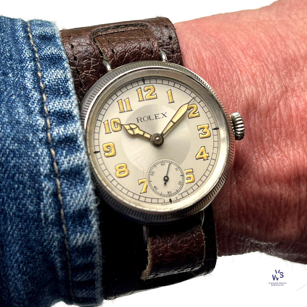 Rolex Trench Watch Solid Silver Dennison Case Original Lume Hallmarked Birmingham c.1915 Vintage Watch Specialist