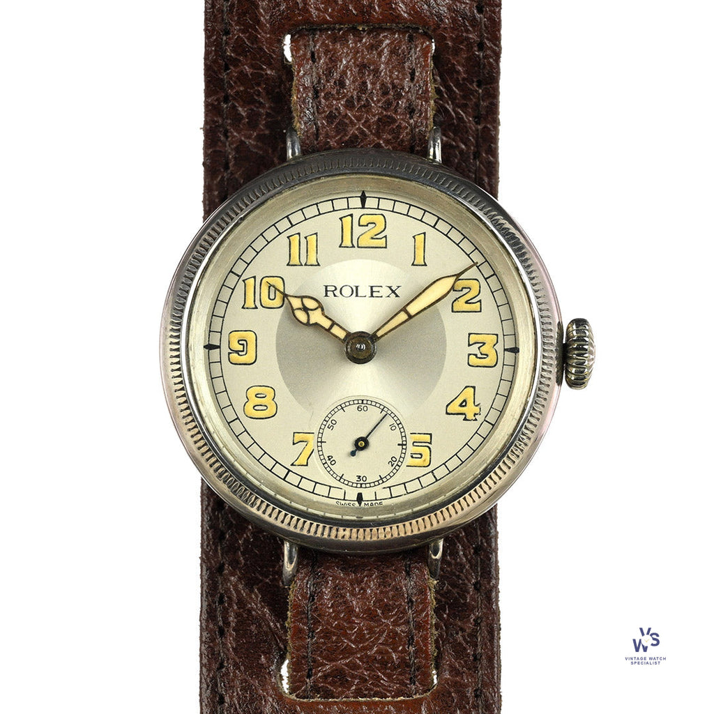 Rolex Trench Watch Solid Silver Dennison Case Original Lume Hallmarked Birmingham c.1915 Vintage Watch Specialist
