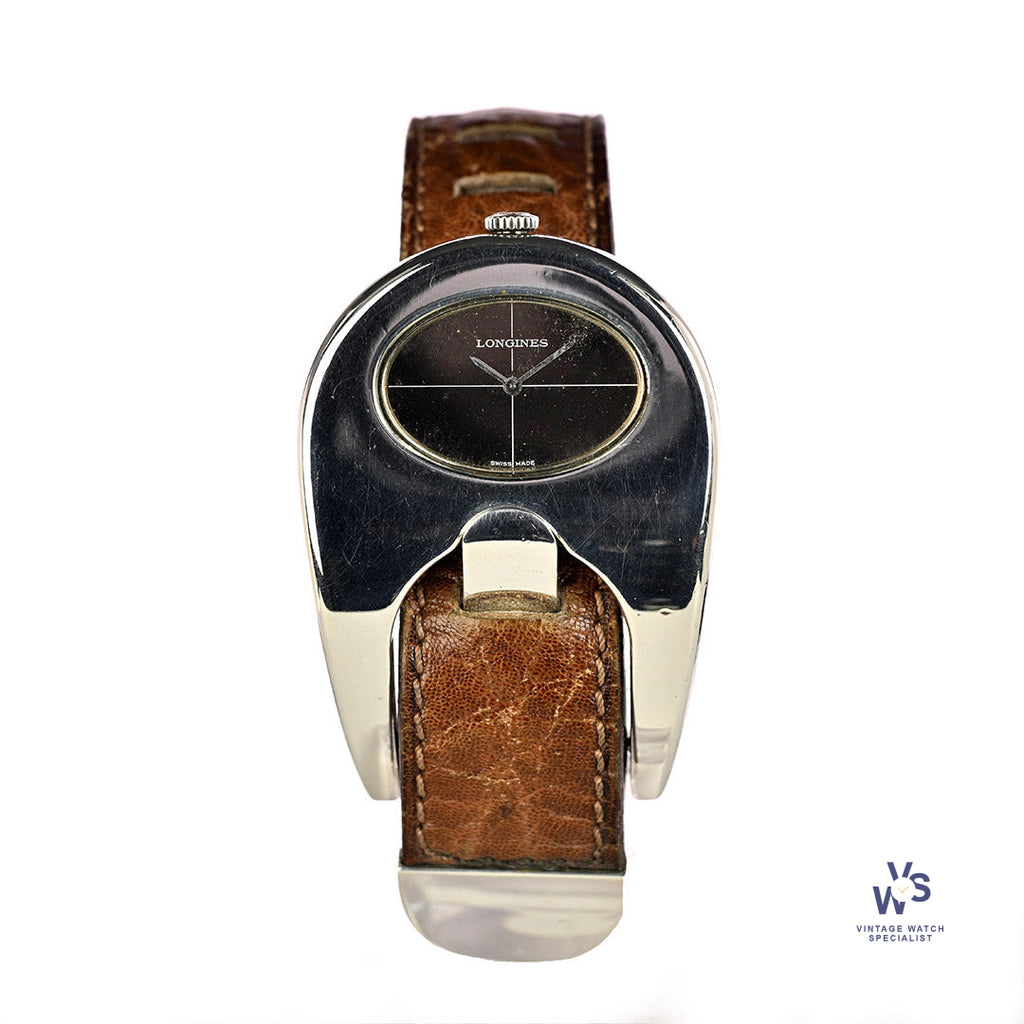 Serge Manzon for Longines Stirrup Watch - Solid Silver - Original Strap and Box - c.1972 - Vintage Watch Specialist