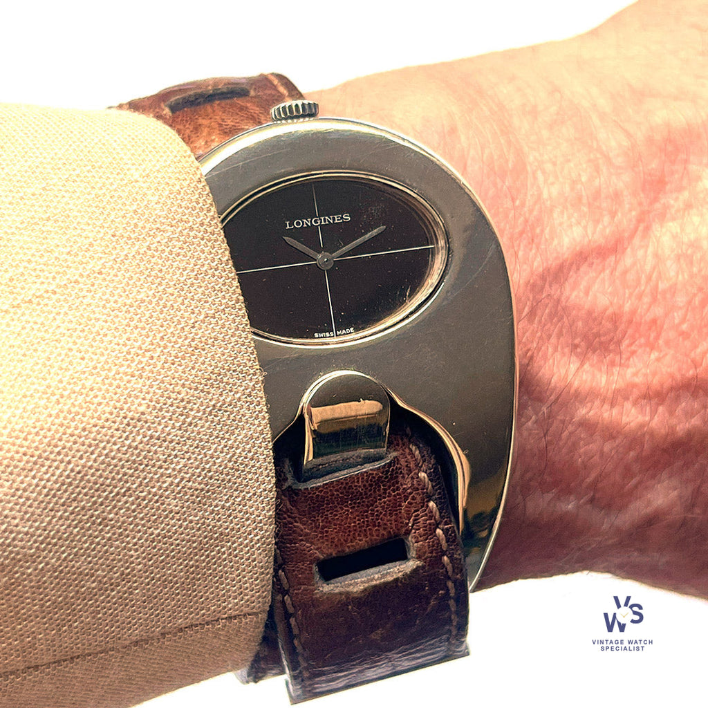 Serge Manzon for Longines Stirrup Watch - Solid Silver - Original Strap and Box - c.1972 - Vintage Watch Specialist