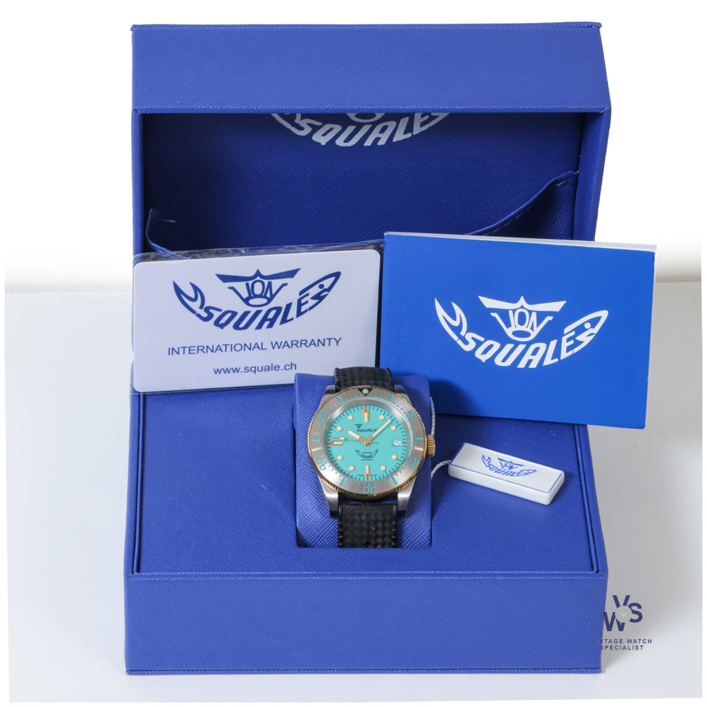 Squale Model Y1545 - 30 Atmos Steel Divers Watch - Teal-Blue Dial - With Original Box and Paperwork - Vintage Watch Specialist