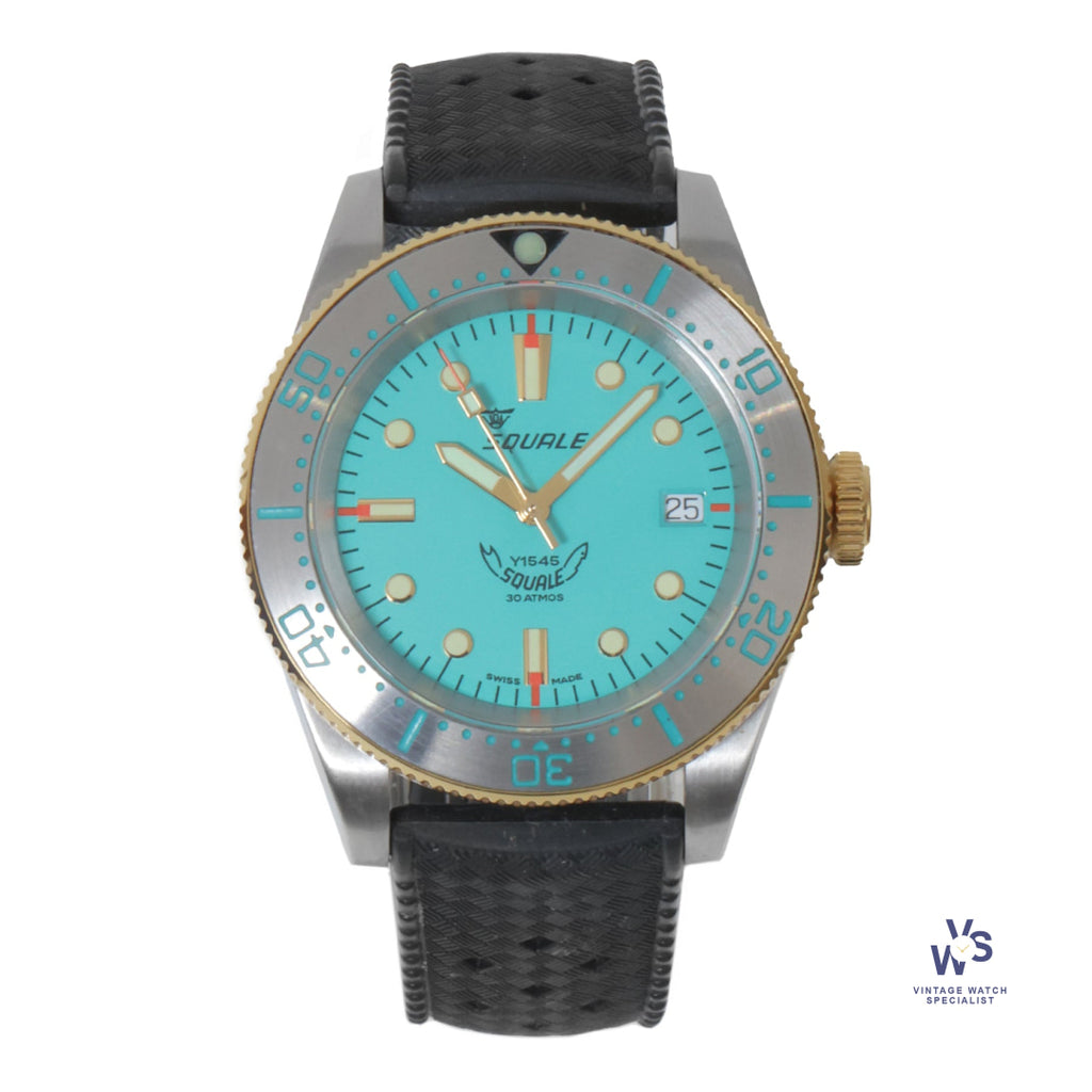 Squale Model Y1545 - 30 Atmos Steel Divers Watch - Teal-Blue Dial - With Original Box and Paperwork - Vintage Watch Specialist