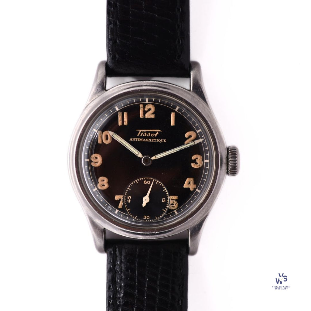 Tissot - Antimagnetique - Cal 27 Sub-Seconds - Black/Gilt Dial - Arabic Numerals - c.1940 - Vintage Watch Specialist