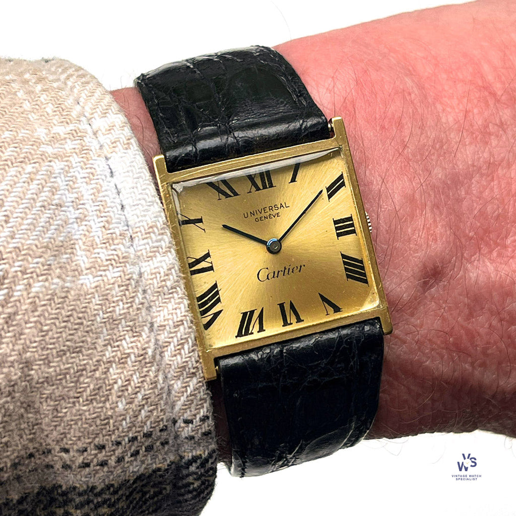 Universal Geneve Dual Signed Cartier Dial - 18k Gold Square Cased Dress Watch - c.1960s - Vintage Watch Specialist
