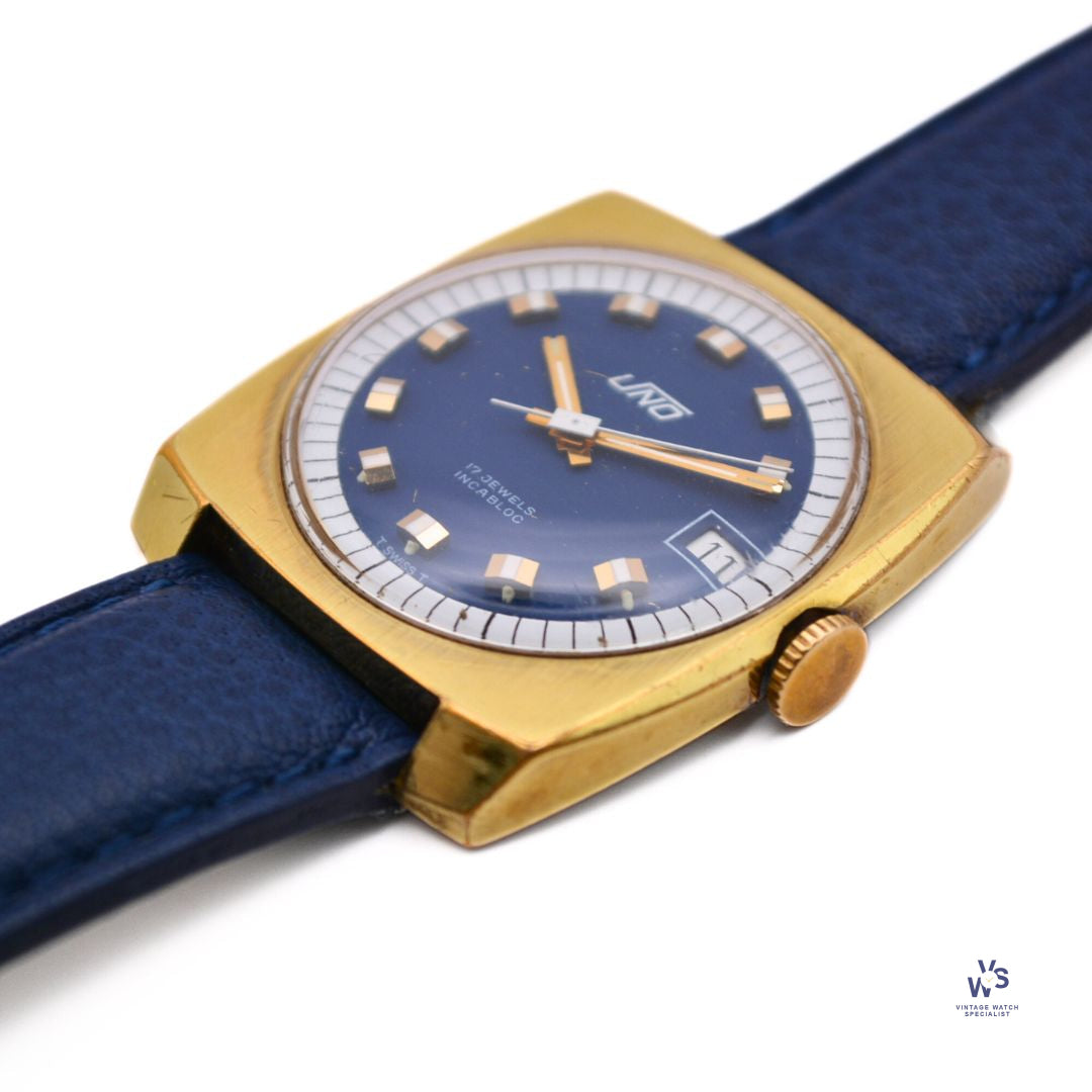 UNO 17 Jewel Incabloc Cushion Case Blue Dial c.1970 Vintage Watch Specialist