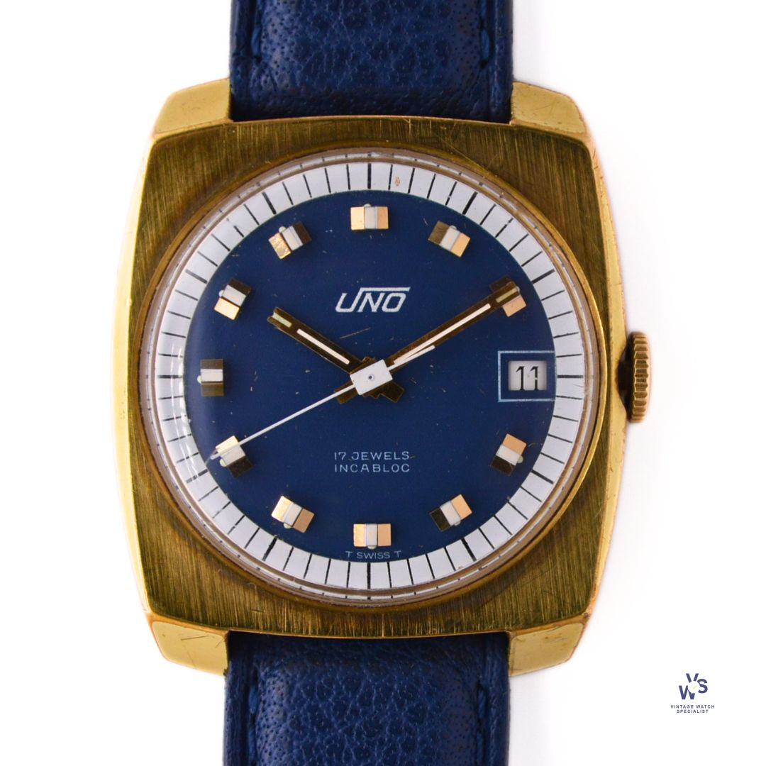 UNO 17 Jewel Incabloc Cushion Case Blue Dial c.1970 Vintage Watch Specialist