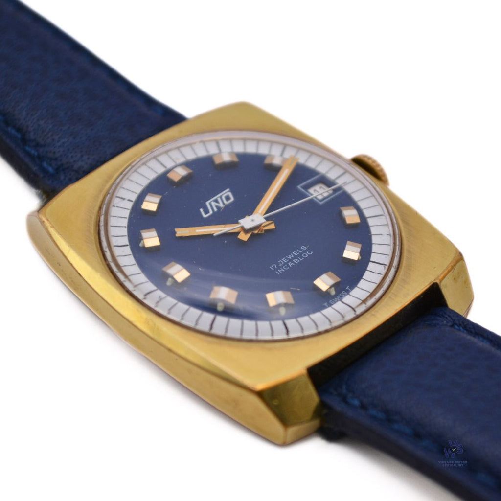 UNO - 17 Jewel Incabloc Cushion Case Blue Dial c.1970 Vintage Watch Specialist