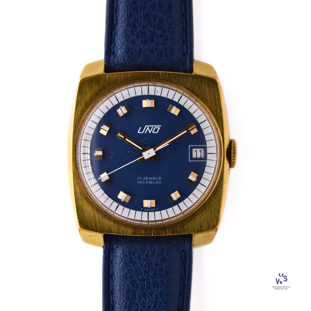 UNO 17 Jewel Incabloc Cushion Case Blue Dial c.1970 Vintage Watch Specialist