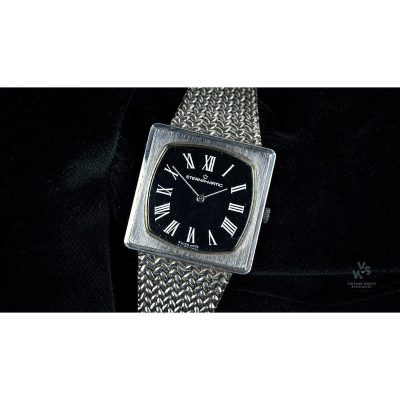 Vintage Eternamatic - Square Case Solid Silver - Black Roman Dial - c.1970 - Vintage Watch Specialist
