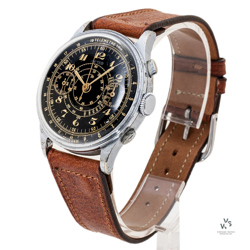vintage metro snail shell telemetre chronograph valjoux 22 c 1940s wristwatch brand watch watches trail telemeter scale specialist