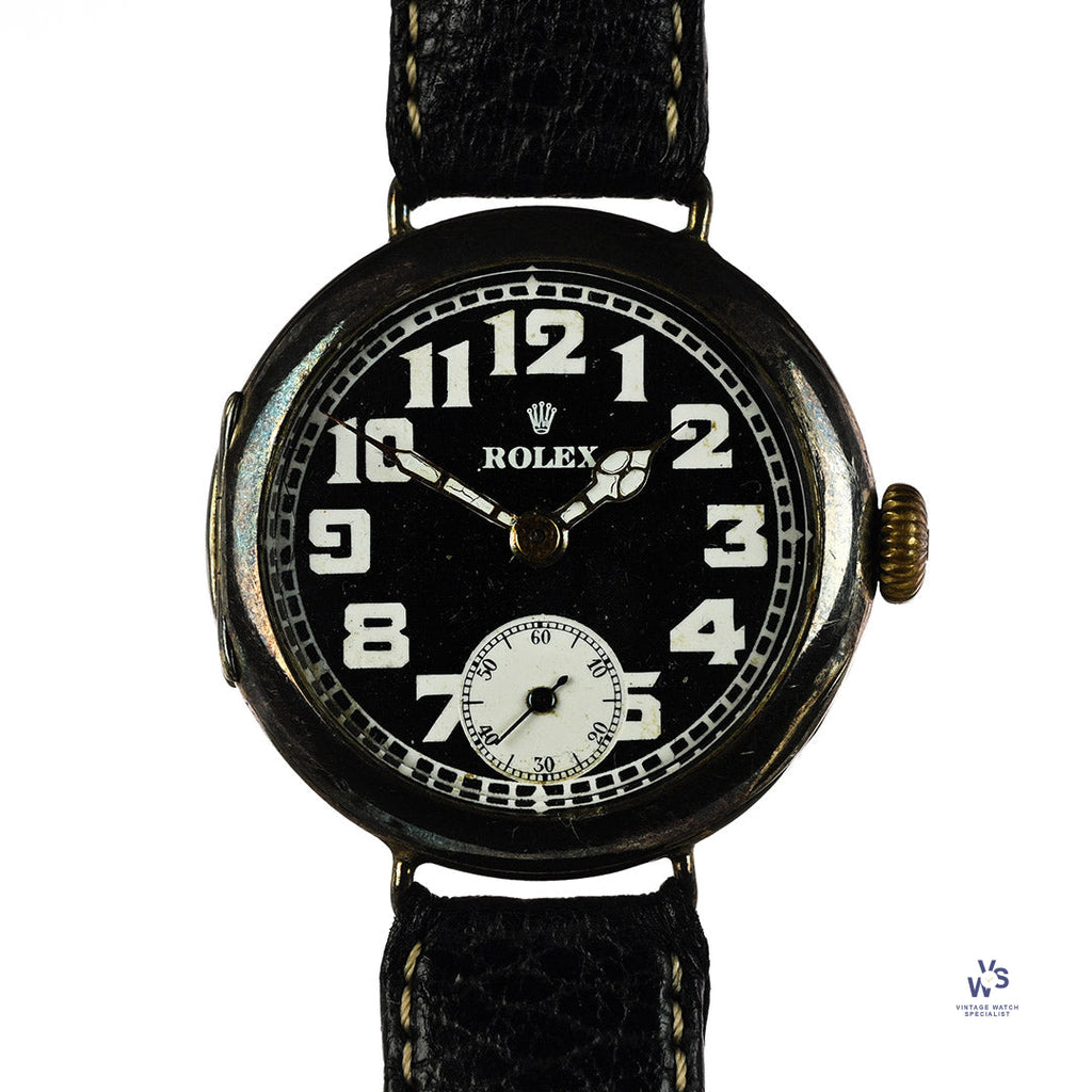 Vintage Rolex Trench Style Watch Black Dial Stockwell and Co. Case c.1915 Vintage Watch Specialist