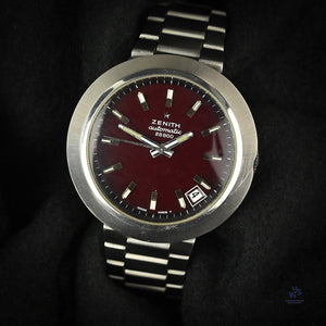 Zenith - Disco Volante Model Ref: 01-1190-290 - UFO Case - Automatic Date - Maroon Dial - c.1973 - Vintage Watch Specialist