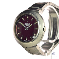 Zenith - Disco Volante Model Ref: 01-1190-290 - UFO Case - Automatic Date - Maroon Dial - c.1973 - Vintage Watch Specialist