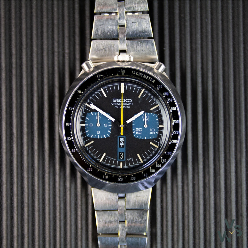 1977 Seiko Chronograph Automatic Bullhead reference 6138-0040 Blue dial (AV029) - Vintage Watch Specialist