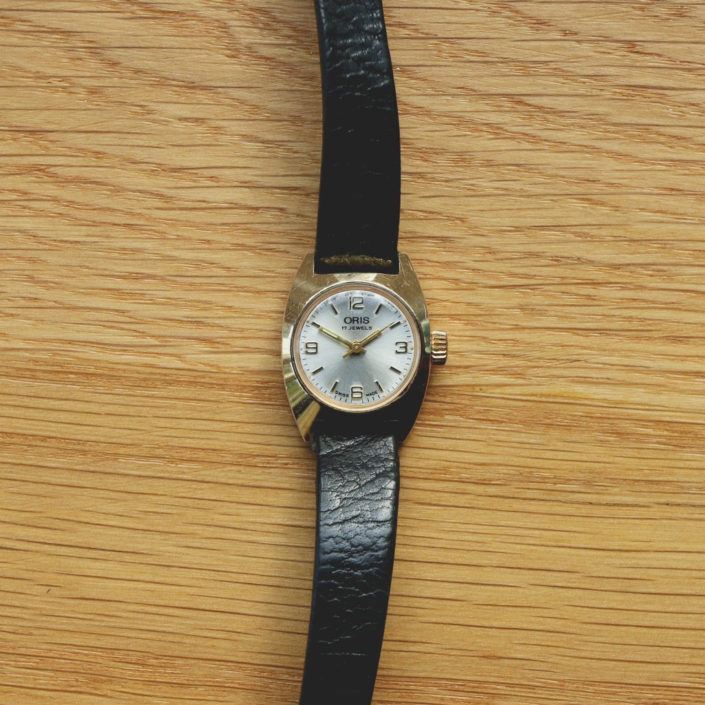 Oris Ladies Gold Plated Dress Watch - Calibre 442 movement - black leather band - Sold As Is, For Spares or Repairs!