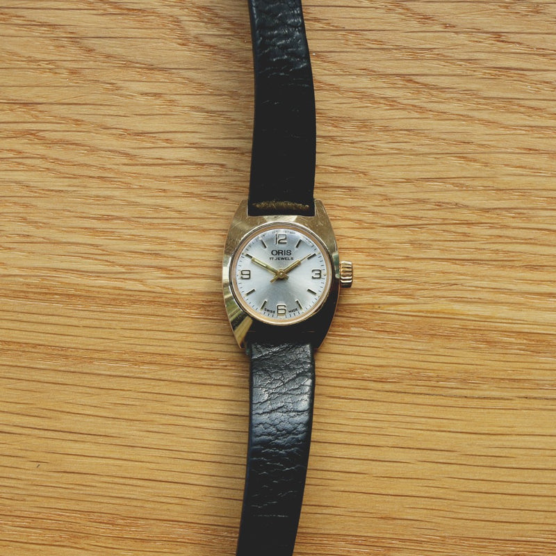 Oris Ladies Gold Plated Dress Watch - Calibre 442 movement - black leather band - Sold As Is, For Spares or Repairs!