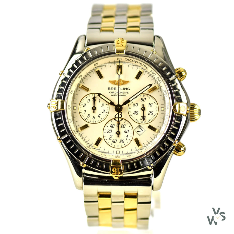 Breitling Shadow Flyback Chronograph Steel and Gold on Pilot Bracelet with Box and Papers - Vintage Watch Specialist