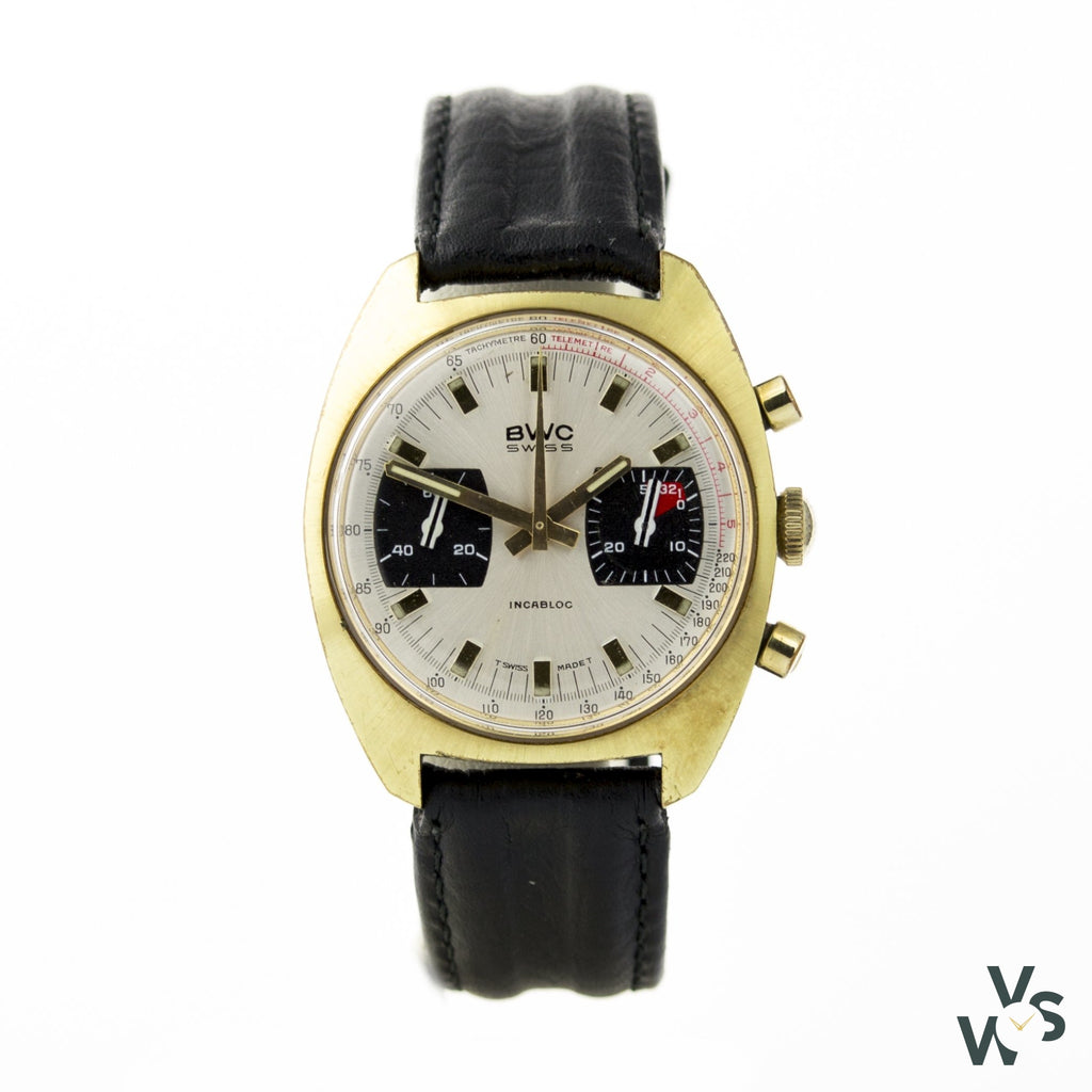 Bwc Two-Register Gold Plated C1960-1970 Chronograph - Vintagewatchspecialist