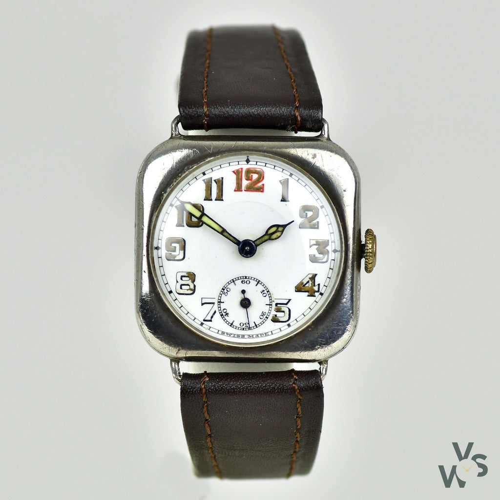 Silver Cusion Cased Trench Watch WWI - Vintage Watch Specialist