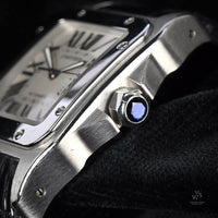 Cartier Santos 100 - Silvered Opaline Dial - 38mm - Aligator Strap - Vintage Watch Specialist