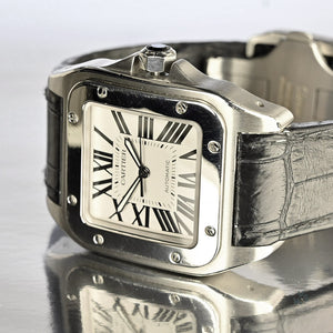 Cartier Santos 100 - Silvered Opaline Dial - 38mm - Aligator Strap - Vintage Watch Specialist