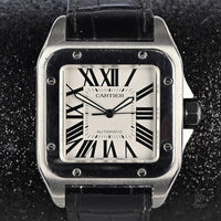 Cartier Santos 100 - Silvered Opaline Dial - 38mm - Aligator Strap - Vintage Watch Specialist