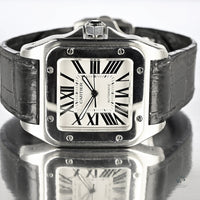 Cartier Santos 100 - Silvered Opaline Dial - 38mm - Aligator Strap - Vintage Watch Specialist