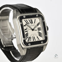 Cartier Santos 100 - Silvered Opaline Dial - 38mm - Aligator Strap - Vintage Watch Specialist