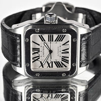 Cartier Santos 100 - Silvered Opaline Dial - 38mm - Aligator Strap - Vintage Watch Specialist