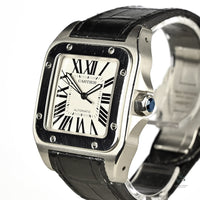 Cartier Santos 100 - Silvered Opaline Dial - 38mm - Aligator Strap - Vintage Watch Specialist