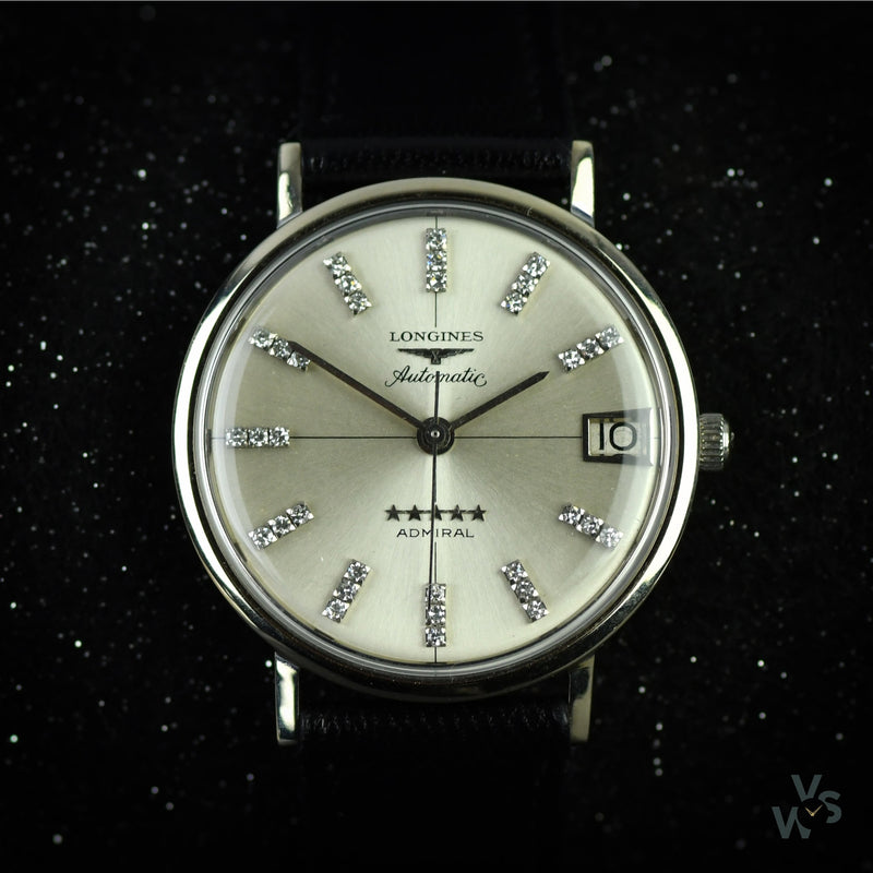 Longines Admiral Automatic Cal 343 14k White Gold with Date and Diamond Hour Markers - Vintage Watch Specialist
