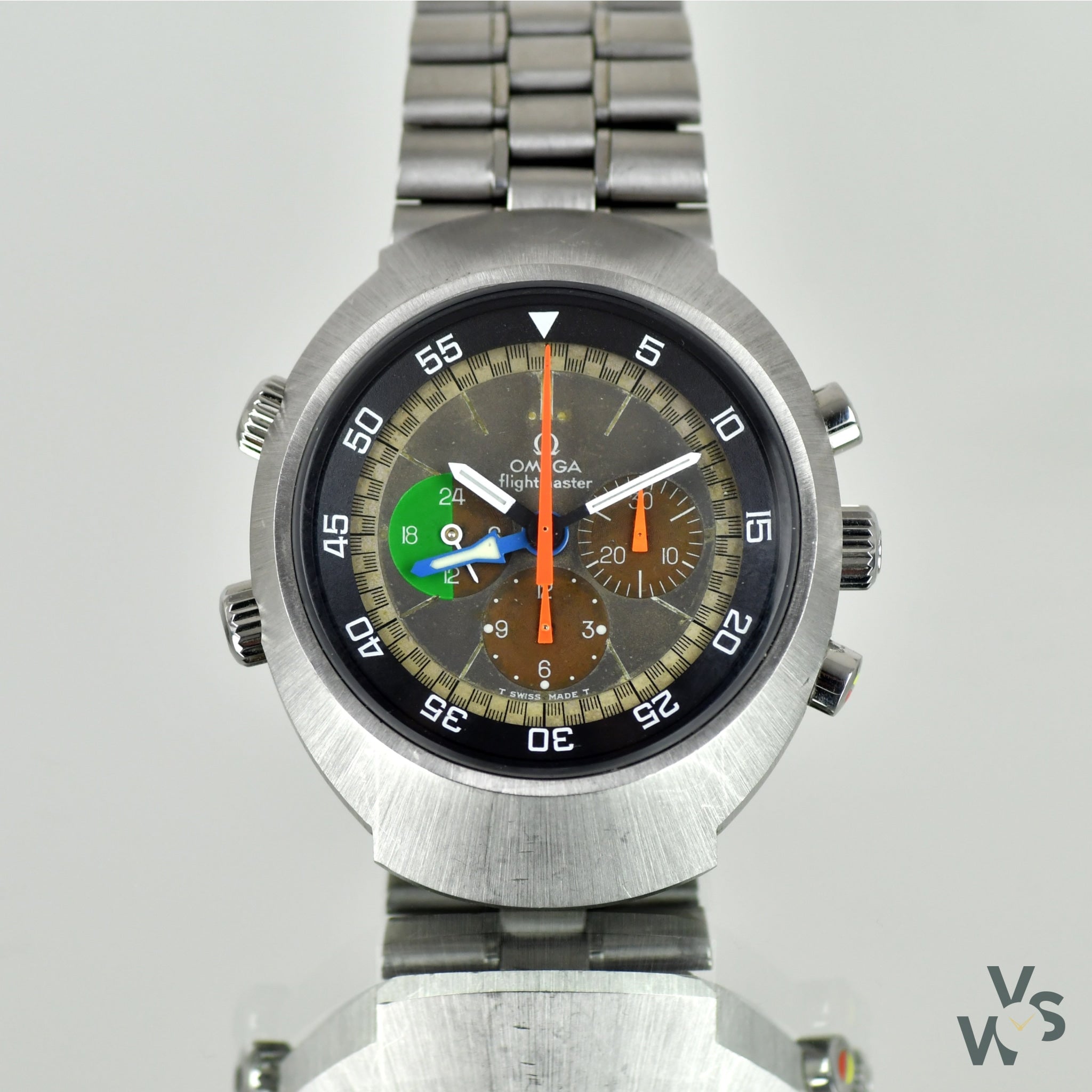 Omega Flightmaster Chronograph GMT Tropical Patina C.1970 Ref 1 Vintage Watch Specialist