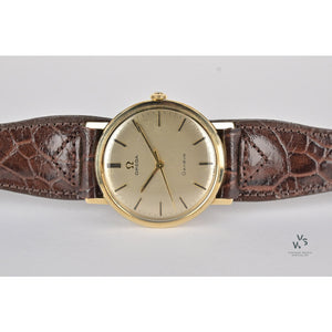 Omega Genève in 9k Gold - Silver Brushed Satin Dial - Shackman Case - c.1970 - Vintage Watch Specialist