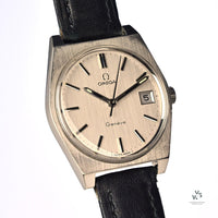 Omega Geneve - Silver Brushed Satin Date Dial - Tonneau Case - c.1972 - Model ref: 136.0049 - Vintage Watch Specialist