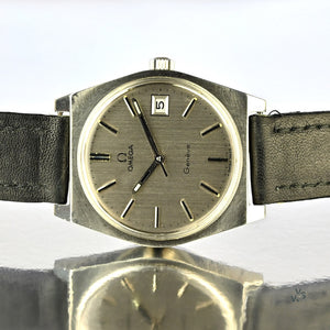 Omega Geneve - Silver Brushed Satin Date Dial - Tonneau Case - c.1972 - Model ref: 136.0049 - Vintage Watch Specialist