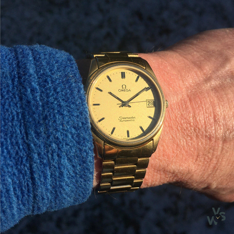 Omega Seamaster Automatic with Date on Bracelet Gold Plated Cal1110 21j - Vintage Watch Specialist