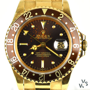 Rare Unisex Vintage Rolex Gold Oyster Perpetual GMT-Master Watch with ‘Nipple Dial’ - Ref. 16758 - c. 1982. - Vintage Watch Specialist