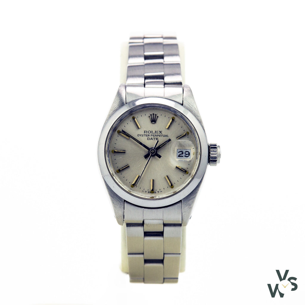 Rolex Ladies Stainless Steel Oyster Date - Silver Baton Dial - C.1981 - Vintage Watch Specialist