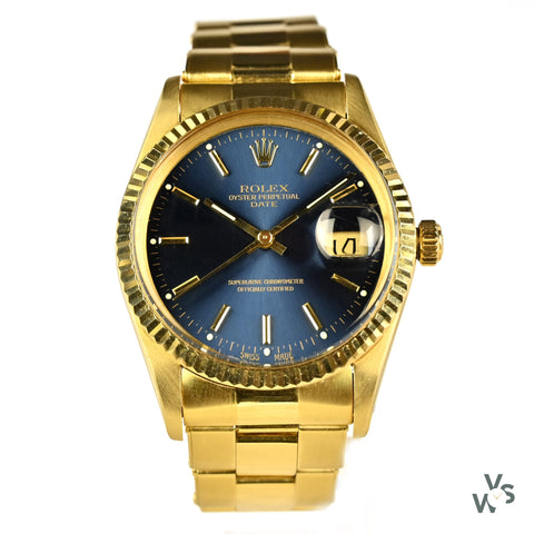 Rolex Oyster Perpetual Date 14K Gold Reference 15037 Blue Dial S Vintage Watch Specialist