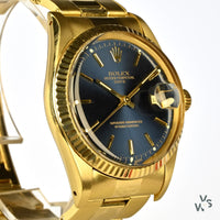 Rolex Oyster Perpetual Date 14K Gold - Blue Dial - Vintage Watch Specialist