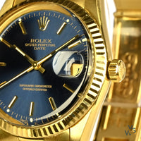 Rolex Oyster Perpetual Date 14K Gold - Blue Dial - Vintage Watch Specialist